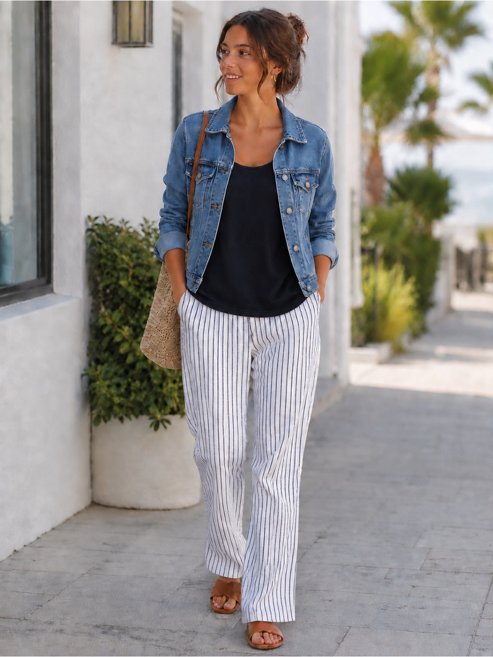 Just Living Pinstripe Linen Feel Drawstring Ankle Pants Size Large